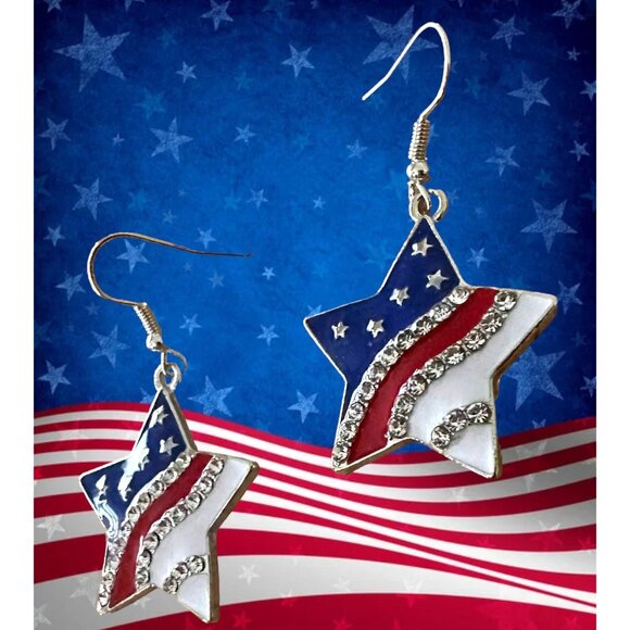 New Patriotic Star Earrings Rhinestones Dangle Patriotic July 4 Veteran'… - Picture 2 of 12
